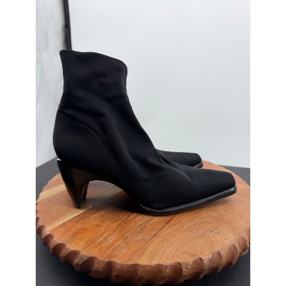Stuart Weitzman Stretch Sock Ankle Boots 8 AA narrow Black Square Toe Cone Heel